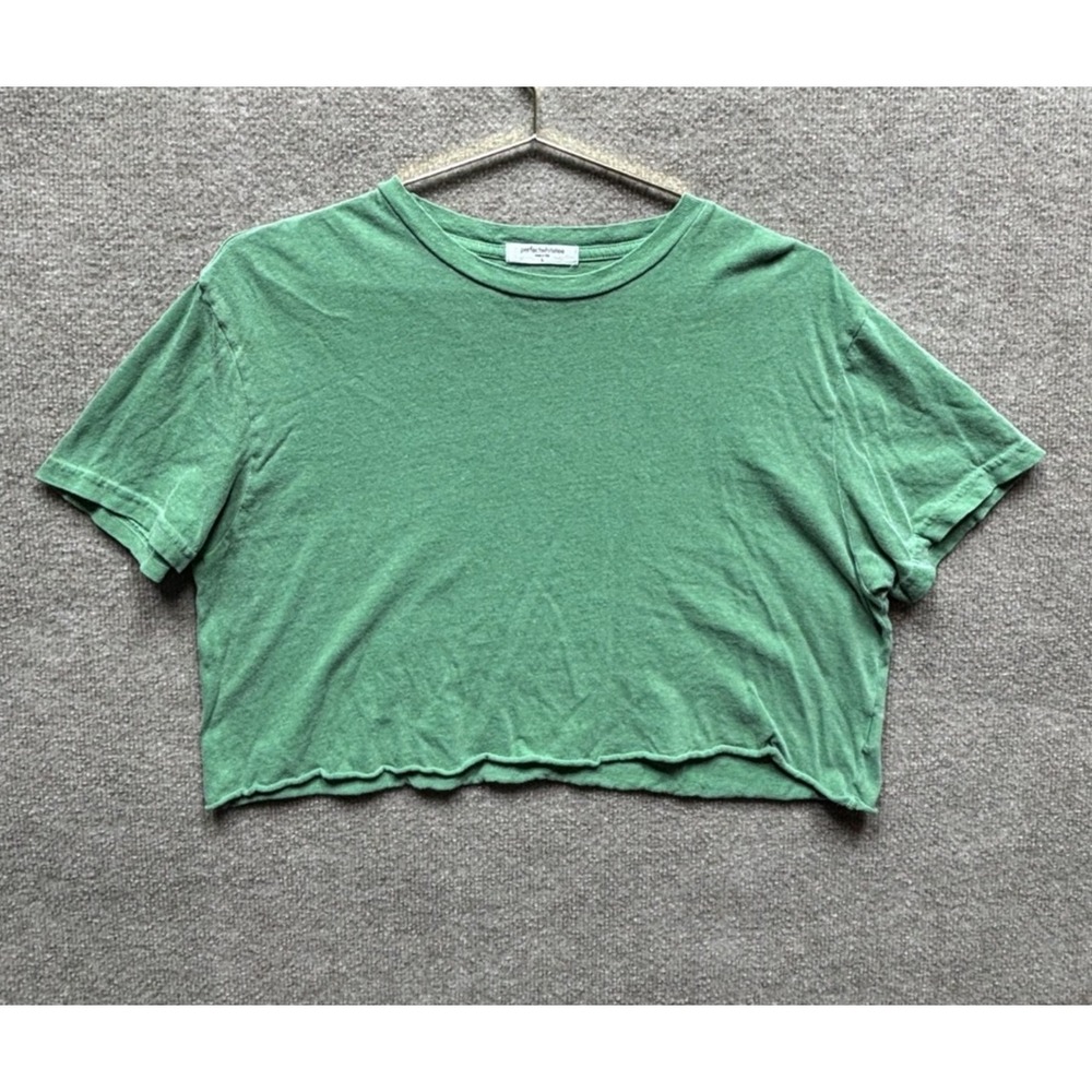 Perfect White Tee Shirt Women Large Pale Green Patina Cut Hem Top‎ Raw Crop EUC